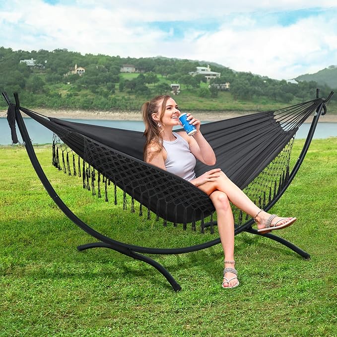 SUNCREAT Portable Outdoor Hammock with Stand Included Double Hammock with Tassel for Outside Dark Gray