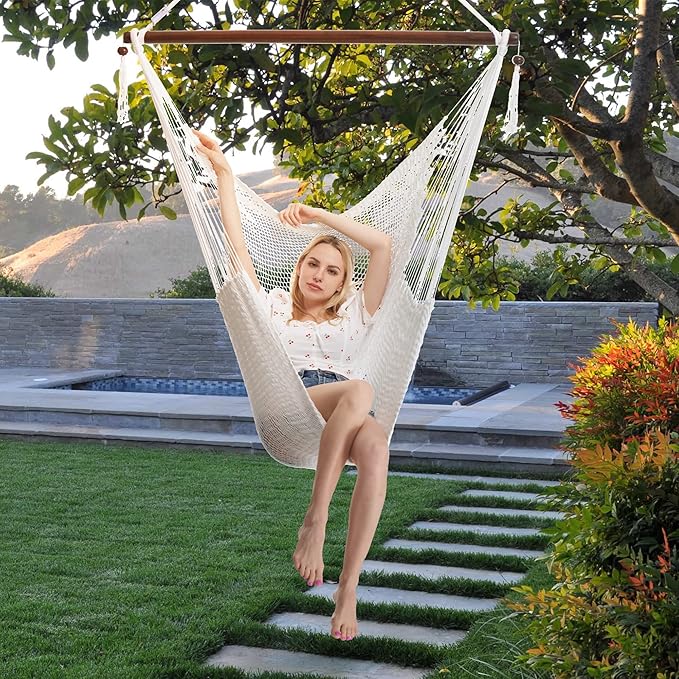Large Caribbean Hammock Chair - 48 Inch - Polyester - Hanging Chair - White