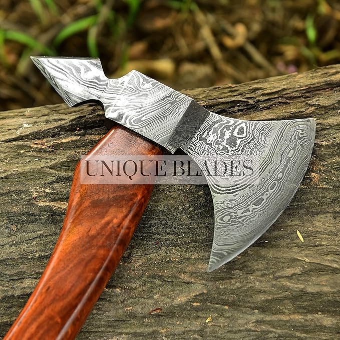 Viking Battle Axe Camping Axe 18-IN Wood Handle Damascus Steel Dual Sided Leather Sheath