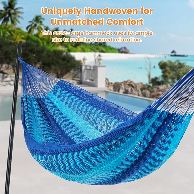 Lazy Daze Hammocks Handwoven Mayan Hammock 10.5 FT Soft Rope Double Hammocks Portable Outdoor Hammock with Carry Bag 2 Straps &amp Carabiners for Patio Outside 550 lbs Weight Capacity Blue/Dark