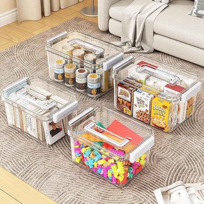 Plastic Storage Bins with Lids Stackable organization and Storage Containers for Organizing Snacks Crafts Tools Clear Storage Box with Latching handle(Clear 2PCS-4.5QT 2PCS-8.5QT)