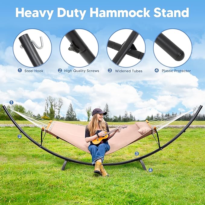 SUNCREAT Portable Double Hammock with Stand Outdoor Standing 2 Person Hammock Combo Patent Pending Tan