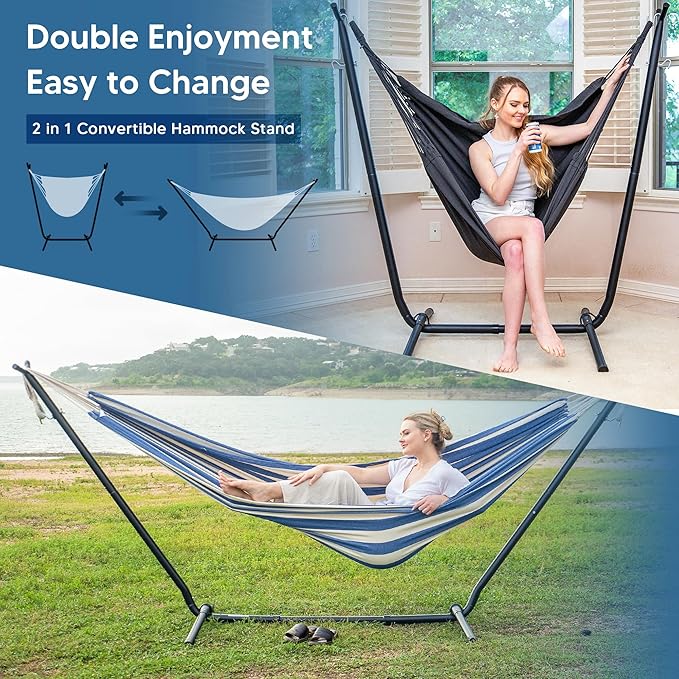 SUNCREAT 2-in-1 Convertible Free Standing Hammock with Stand Included Camping Backyard Hammock with Stand Patented Blue &amp White Stripe