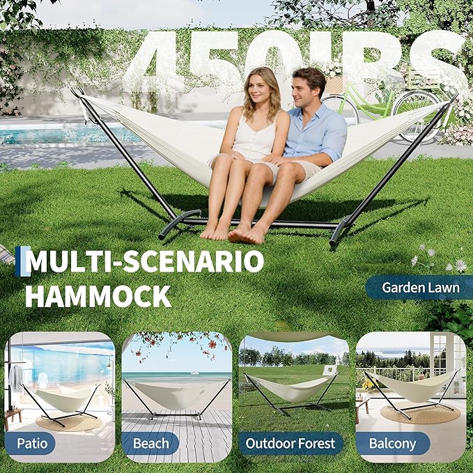 Double Hammocks with Stand for Outside Portable Space Saving Heavy-Duty Steel Stand for Indoor Outdoor Patio with Carrying Bag 450 lbs Capacity