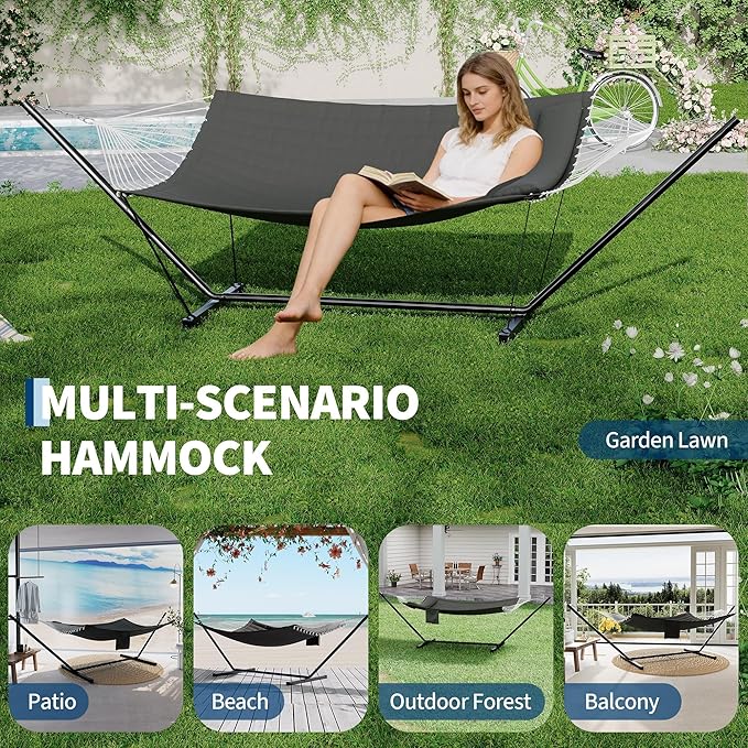 2 Person Double Hammock with Stand &amp Pillow 450 LBS Heavy Duty Outdoor Hammock with Balance Rope for Patio Backyard Poolside