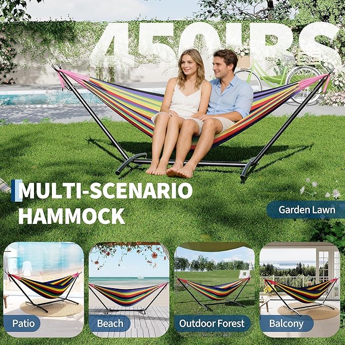 Garvee 2 Person Hammocks with Stand for Outside Double Hammocks Portable Space Saving Heavy-Duty Steel Stand for Indoor Outdoor Patio with Carrying Bag 450 lbs Capacity