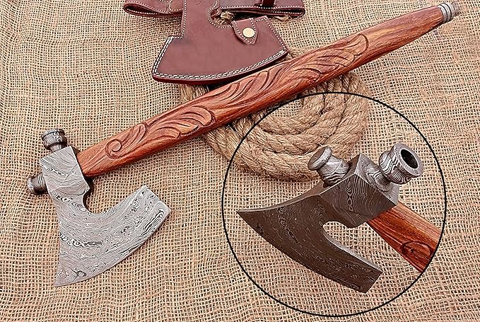 HUNTEX Unique Custom Hand-Forged Twist Pattern Damascus Steel 21 Inch Long Walnut Wood Handle Full Tang Razor Sharp Hunting Camping Outdoor Smoke Pipe Viking Axe with Genuine Leather Sheath