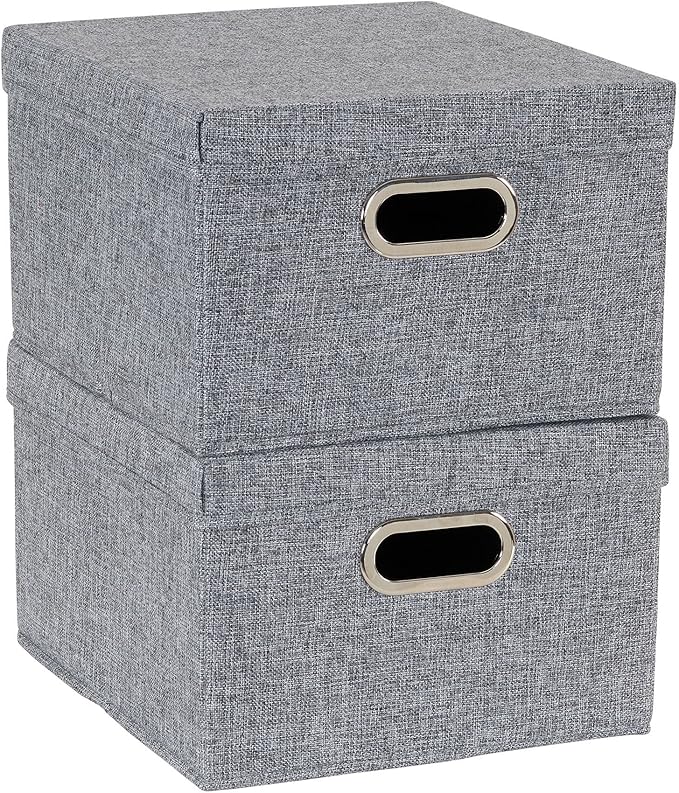 Household Essentials Collapsible Cotton Blend Storage Box with Lid and Metal Grommet Handle Set of 2 Grey