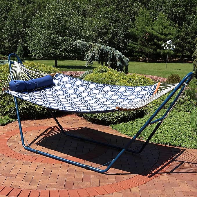 Sunnydaze Curved Spreader Bar Quilted Hammock with Blue Universal Steel Stand - 450-Pound Capacity - Gray and Blue Octagon