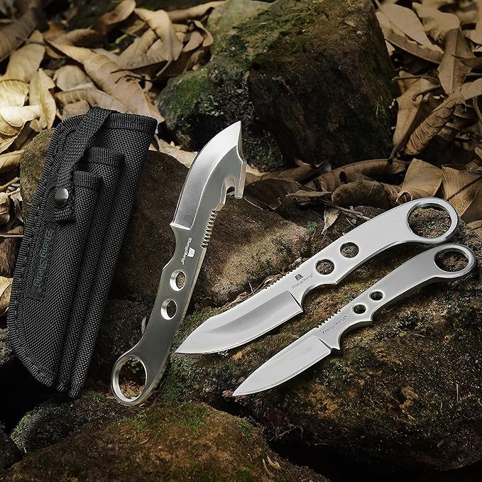 ZhengSheng 3 Piece Hunting Knife set Survival Knives Bowie knife and Gut Hook Knife with Nylon Sheath for Hiking Outdoor Camping Activities