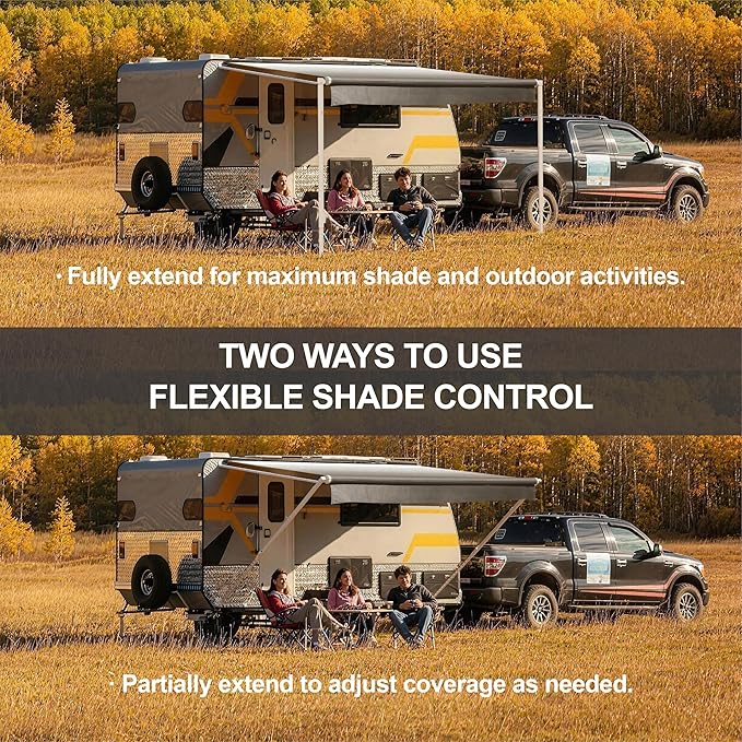 Suncode RV Awning for RVCamper&ampTravel Trailers–Manual RV Awning Complete KitManual Camper AwningRV Roll Out Awning– 14x8Ft – White Frame &ampBlack Fade