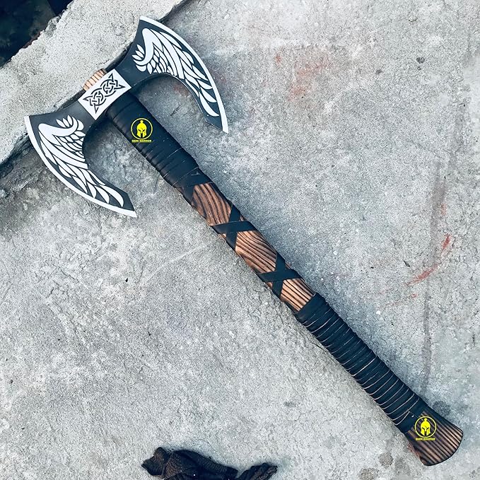 DARK WARRIOR- Handmade Viking Double Headed Axe Real Battle Two Sided Twin Blade Axe with Solid Handle Leather Sheath Best Gift for Him Viking Lover.