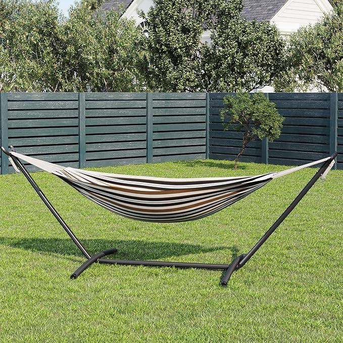 GarveeLife Double 2 Person Hammock Indoor Outdoor Standing Hammock with Space Saving Steel Stand Carry Bag 450 LBS Weight Capacity Suitable for Garden Camping Beach Coffee