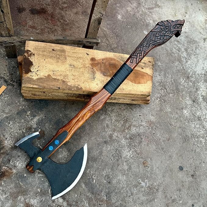 Handmade Viking Kratoss War Replica Battle AxeTwo Handed Large Vikings Axe Cosplay Real Hatchet Solid Fenrir Engraved Wood Handle SkardeNorse Mythology 38