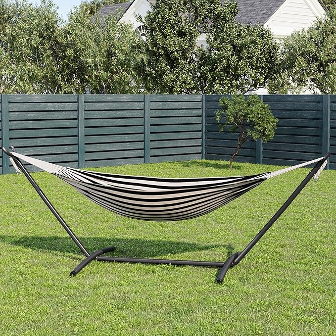 GarveeLife Double 2 Person Hammock Indoor Outdoor Standing Hammock with Space Saving Steel Stand Carry Bag 450 LBS Weight Capacity Suitable for Garden Camping Beach Black