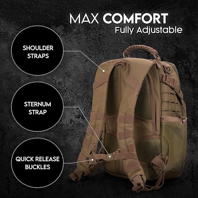 TLO Outdoors TacPack24L Tactical Backpack - Water Resistant 24 Liter Capacity Daypack Rucksack Gear Bag Laptop Bag