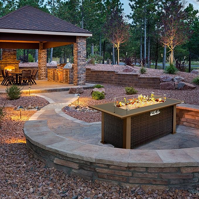 SereneLife Outdoor Propane Fire Pit Table - Approved Safe 50000BTU Auto-Ignition Propane Gas Fire Table - Rattan Panel Glass Wind Guard Black Tempered Glass Tabletop Clear Glass Rock - SLFPTL