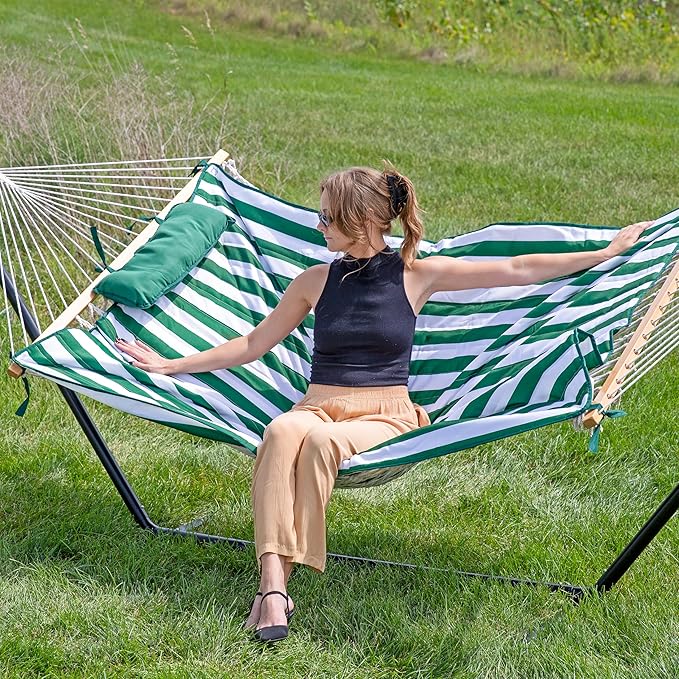 Sunnydaze Rope Hammock with Stand for Outside- 275-Pound Capacity - Includes 12-Foot Hammock Stand Spreader Bar Pad and Pillow - Green &amp White Stripe