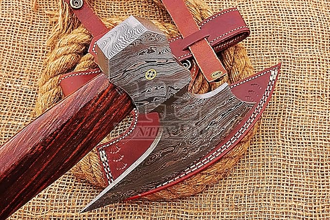 HUNTEX Custom Handmade Hand-Forged Twist Pattern Damascus Steel 21 Inch Long Walnut Wood Handle Razor Sharp Hunting Camping Wood Splitter Viking Broad Axe with Genuine Leather Sheath