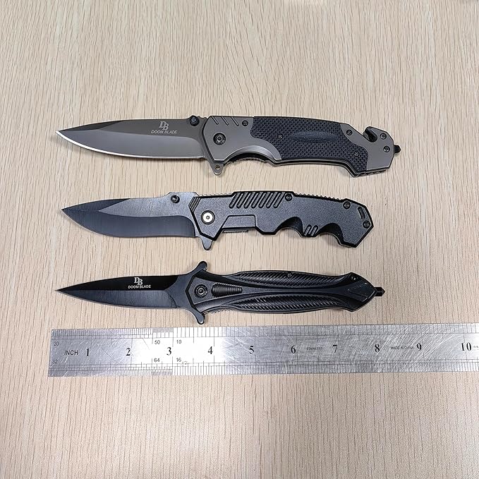 DOOM BLADE 3-piece Spring Assist Folding Pocket Knife with Pocket Clip Hunting Camping Tactical Knives - Military Style - Tactical Knife with Liner Lock
