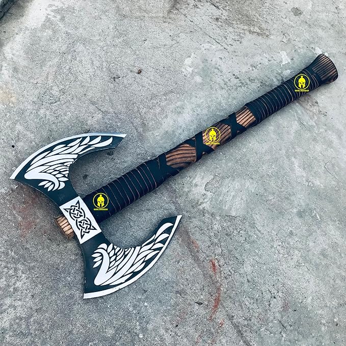 DARK WARRIOR- Handmade Viking Double Headed Axe Real Battle Two Sided Twin Blade Axe with Solid Handle Leather Sheath Best Gift for Him Viking Lover.