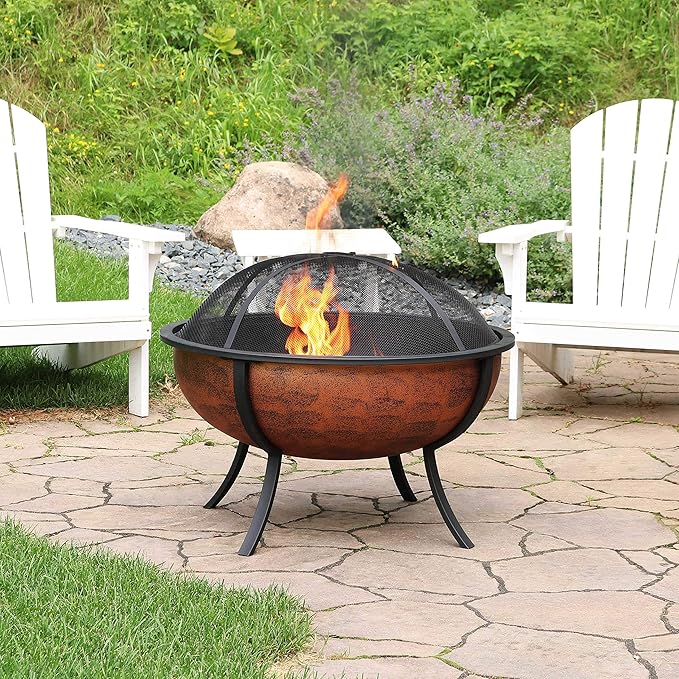 Sunnydaze 32-Inch Copper Fire Pit for Outside - Wood-Burning Fire Pit Bowl with Spark Screen Wood Grate and Poker