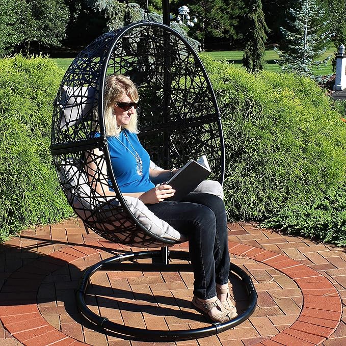 Sunnydaze Jackson Resin Wicker Hanging Egg Chair - 265-Pound Weight Capacity - Removable Gray Polyester Cushions