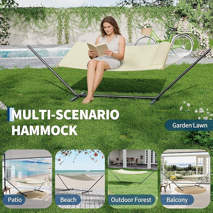 Heavy Duty 2 Person Double Hammock with Portable Adjustable Steel Stand Outdoor Hammock with Pillow for Patio Garden Beach Backyard Camping