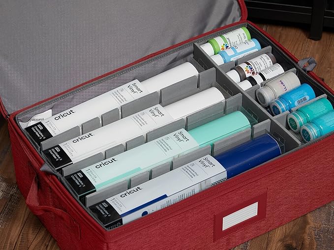 Covermates Keepsakes Adjustable Zip-Top Storage Box FlexGrid Organizer Compartments Heavy Duty Polyester Stackable Design ID Window Reinforced Handles Red Heather