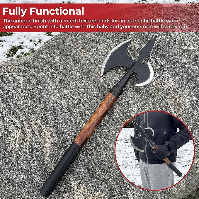 MedievalDepot Hand Forged Viking Invasion Battle Axe – Overall 25” – Carbon Steel Blade with Wood Handle and Leather Grip – Functional Collectible for Reenactment Display or Gifting
