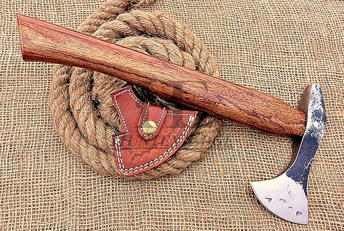 HUNTEX Custom Exposed Hand-Forged Marked 1095 High Carbon Steel 14 Inch Long Walnut Wood Handle Full Tang Razor Sharp Hunting Camping Outdoor Four Lugged Chopping Axe with Genuine Leather Sheath