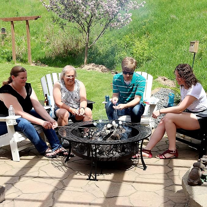 Sunnydaze 40-Inch Round Steel Fire Pit Table with Durable Spark Screen and Poker - Portable Design - Black - Four Star