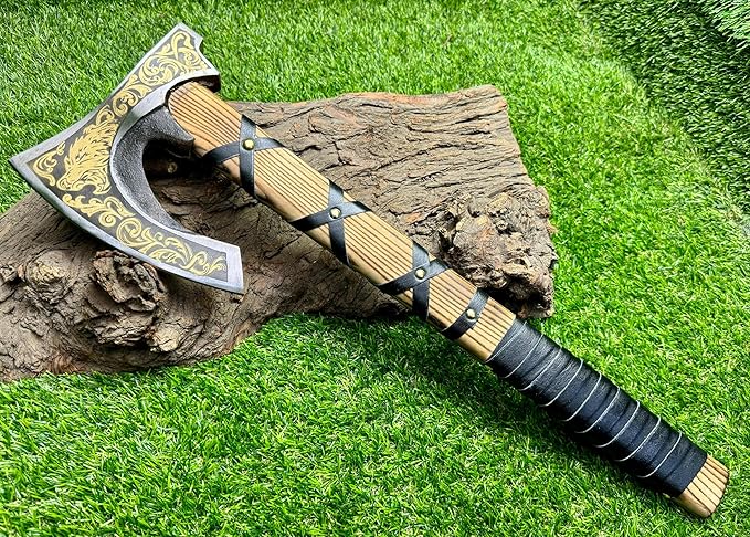 Poshland AX-7004 Custom Gift Forged Carbon Steel Viking Axe with Rose Wood Shaft Viking Bearded Camping Axe