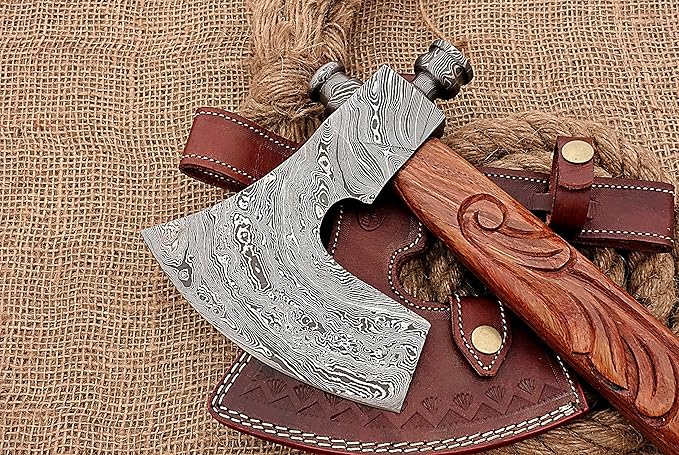HUNTEX Unique Custom Hand-Forged Twist Pattern Damascus Steel 21 Inch Long Walnut Wood Handle Full Tang Razor Sharp Hunting Camping Outdoor Smoke Pipe Viking Axe with Genuine Leather Sheath