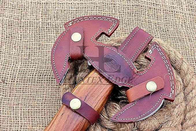 HUNTEX Unique Custom Hand-Forged Twist Pattern Damascus Steel 17 Inch Long Walnut Wood Handle Full Tang Razor Sharp Hunting Camping Outdoor Twin Blade Viking Axe with Genuine Leather Sheath