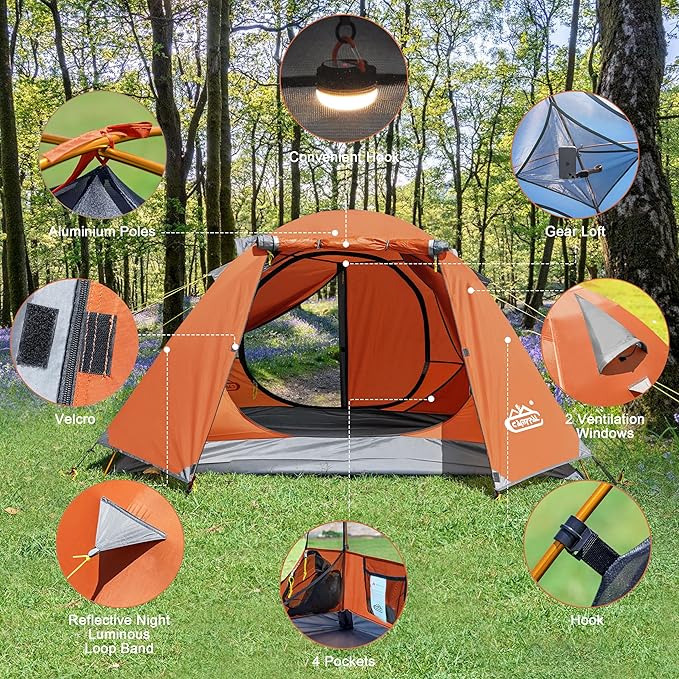 2-3 Person Backpacking Tent with Double Door 2 Vestibule Waterproof Windproof Lightweight Easy Set Up 3 Season 2 Man Two Person Tent for Camping Hiking Motorcycle Mountaineering with UPF 50+