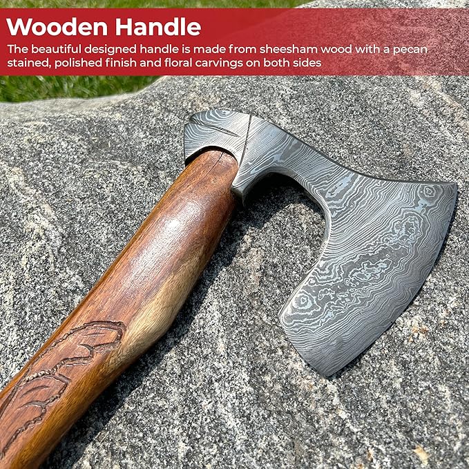MedievalDepot Guiscard Hand Forged Bearded Damascus Axe - Overall 17 - Damascus Steel Blade - Comabat Outdoor &amp Collector