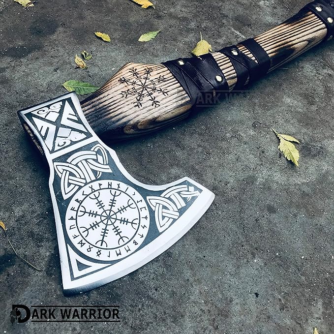 [DARK WARRIOR] Aegishjalmr viking axe Norse Viking Axe Hatchet Splitting Axe Rose Wood Shaft with Beautiful Design Leather wrap Into Handle