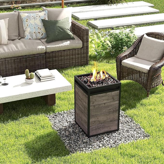 Afterglow Terrafab Grey Panels with Steel Frame 16 Square 40000 Btu Propane Fire Column Outdoor Wood Effect Fire Pit for Outdoor Patio Garden Backyard Decking Decor CSA Certificated
