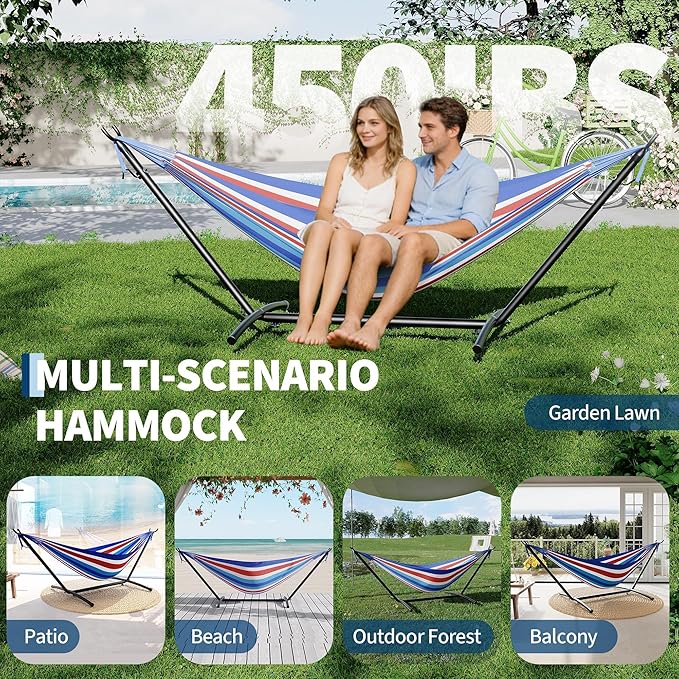 Double Hammock with Stand Hammock Wih Space Saving Steel Stand and Carrying Case 2 Person 450 Lb Capacity for Indoor Outdoor Patio Yard