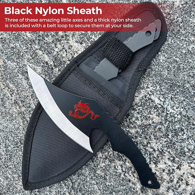 MedievalDepot Nightrage Dragon Set of Throwing Axes – Set of 3 – Overall 7.5” – Black Metal Chinese Style Axes with Rockaway Blade – Includes Sheath with Belt Loop for Carrying