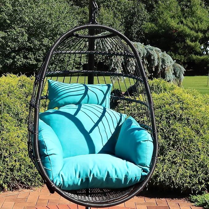 Sunnydaze Penelope Black Steel and Polyethylene Wicker Hanging Egg Chair with Turquoise Polyester Cushions - 45-Inch Tall