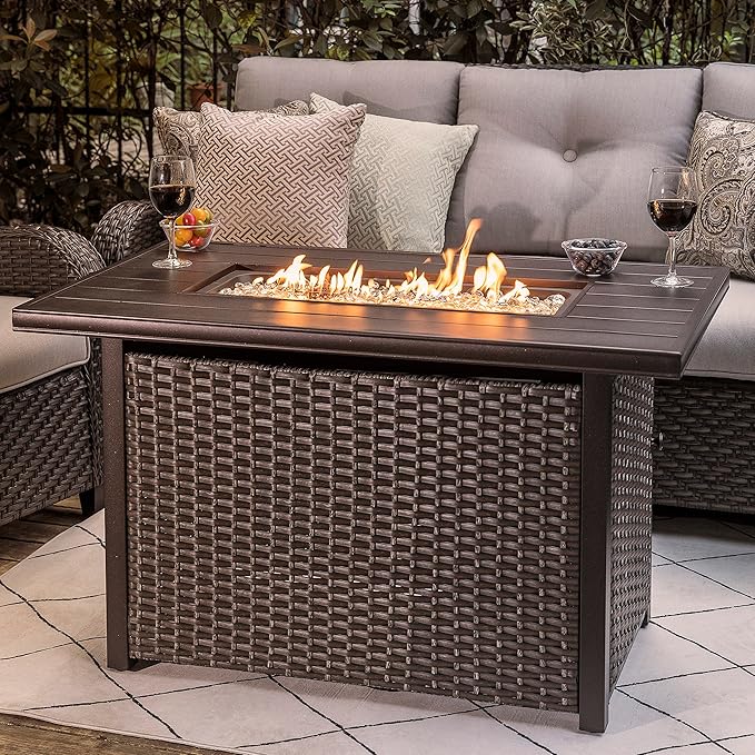 Nuu Garden 43 Propane Fire Pit Table 50000 BTU CSA Certified Outdoor Gas Fire Pit with Aluminum Tabletop Removable Lid 7 lbs Glass Rocks &amp Waterproof Oxford Cover Brown