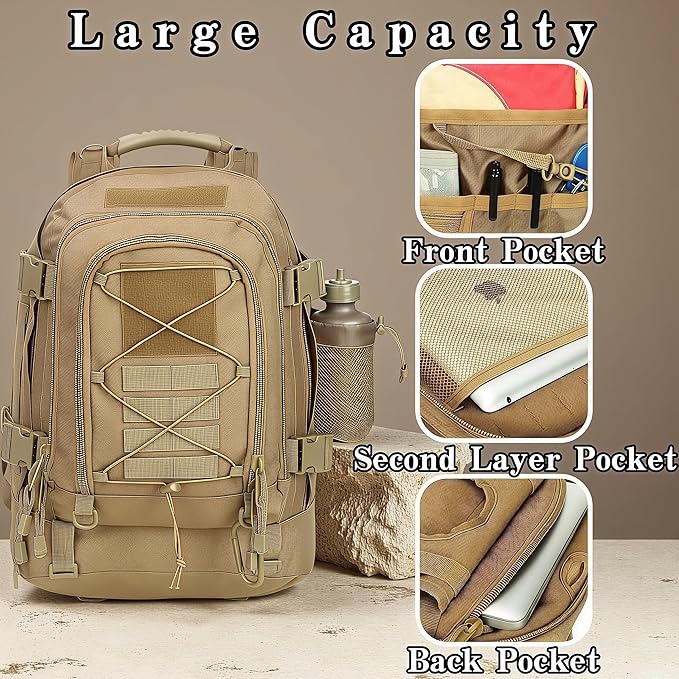 Large Tactical Military Backpack for Men - Molle DIY System Bag for Travel Work Camping Hunting &amp Hiking (Khaki-A)