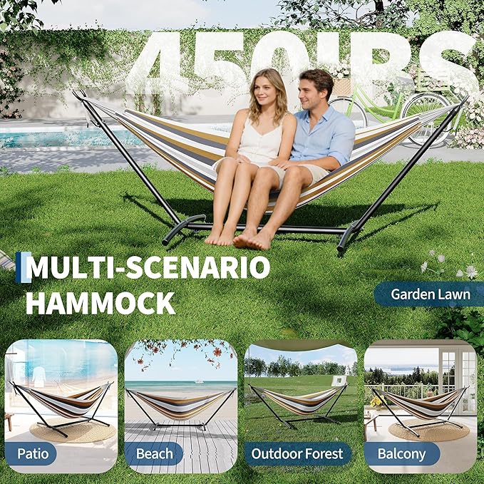 TrailBlaze Heavy Duty Double Hammock with Steel Stand - Portable 2 Person Hammock for Outdoor Patio Garden Backyard or Camping - Space-Saving Comfortable &amp Durable 450 lbs Capacity - Coffee