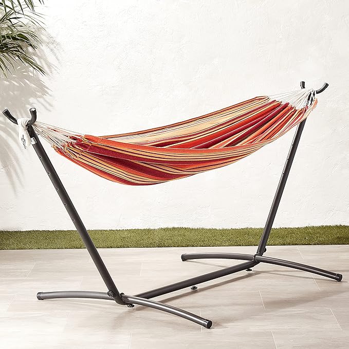 Amazon Basics Double Hammock with 9-Foot Space Saving Steel Stand and Carrying Case 2 Person 450 lb Capacity Sunset Orange Stripe 110 x 47 x 43 Outdoor