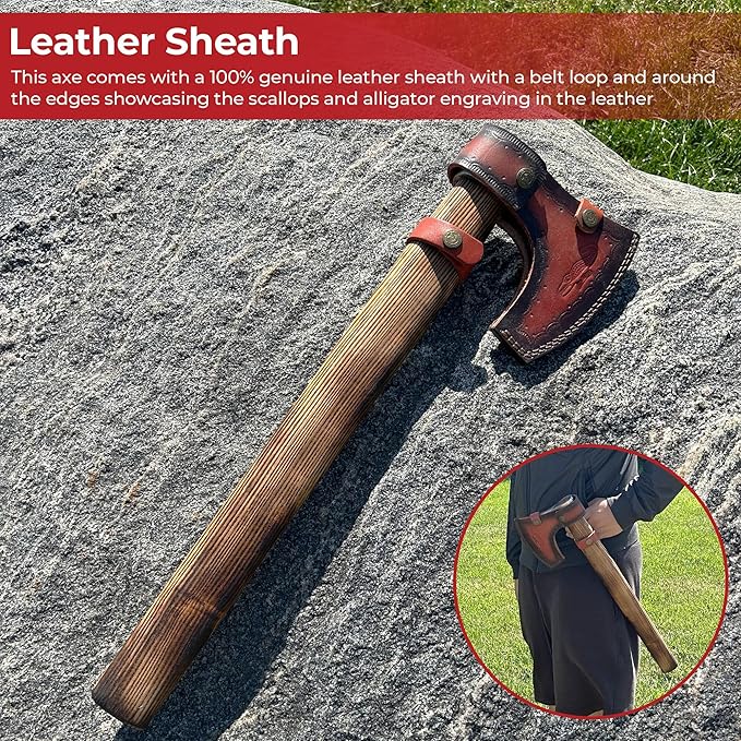 MedievalDepot Warhorse High Carbon Forged Steel Bearded Axe - Overall 20 Outdoor Axe with Genuine Leather Sheath
