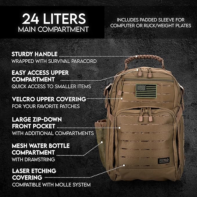 TLO Outdoors TacPack24L Tactical Backpack - Water Resistant 24 Liter Capacity Daypack Rucksack Gear Bag Laptop Bag