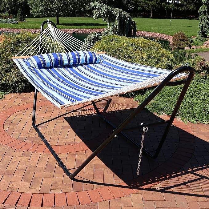 Sunnydaze Double Quilted Fabric Hammock with Universal Steel Stand - 450-Pound Capacity - Black Stand - Catalina Beach