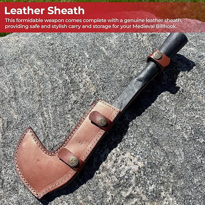 MedievalDepot Harvests Fury Hand Forged High Carbon Steel Medieval Billhook Spearhead – Overall 13 with Leather Sheath – Farm Tool Inspired Spear Head for Collectors